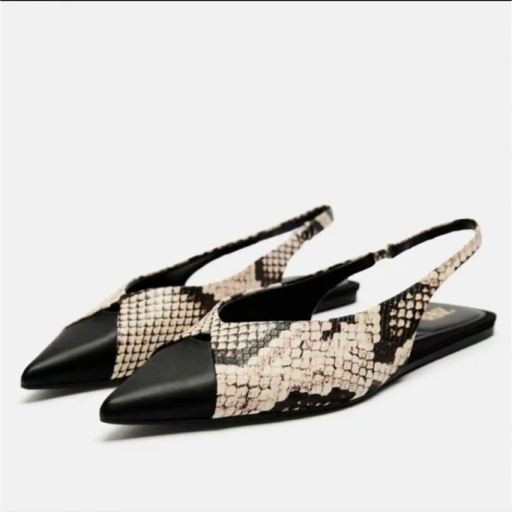 Zara Animal Snakeskin Print Pointed Toe Slingback Flats (NWOT)